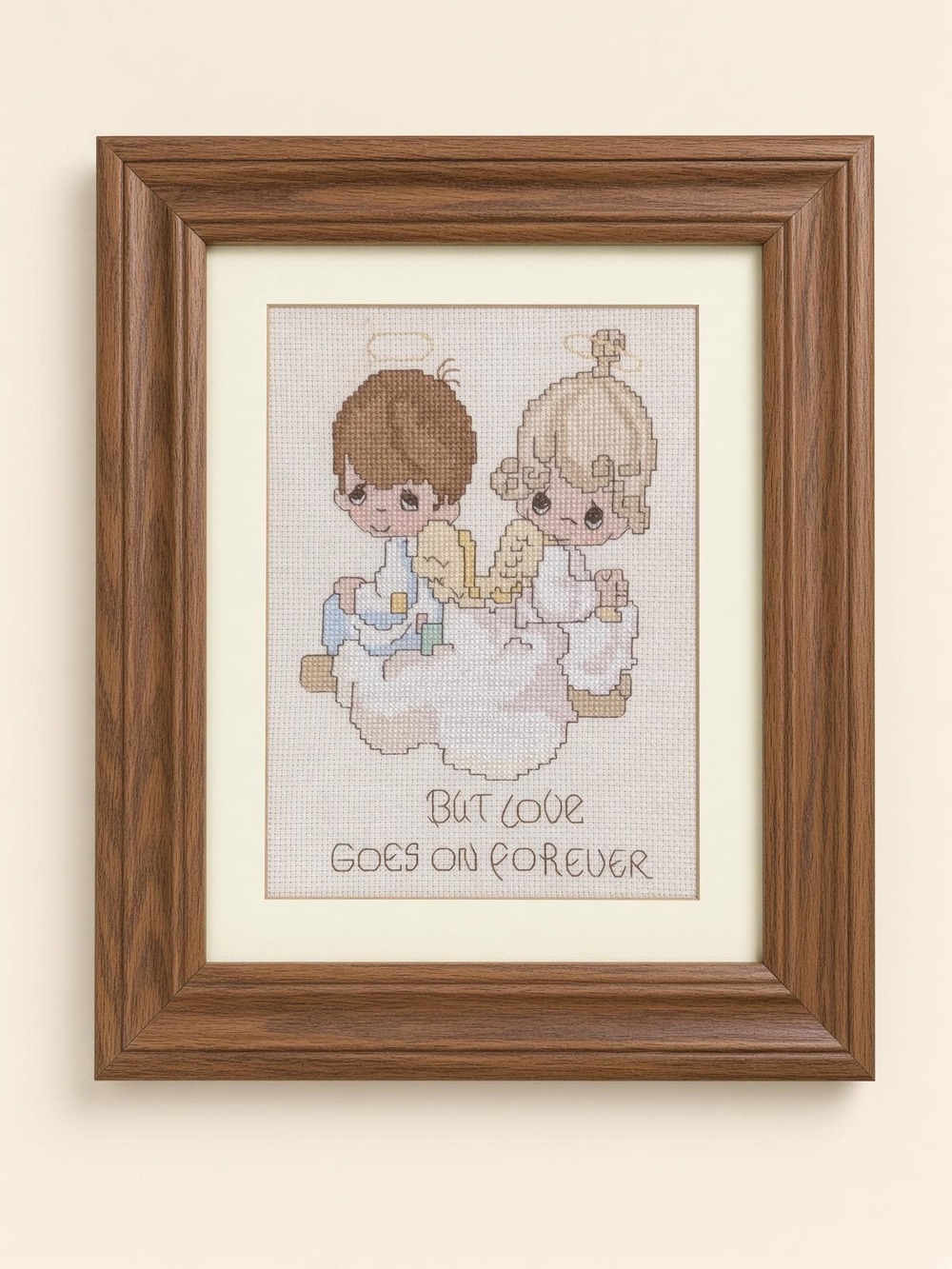 Framed Cross Stitch Needlework Wall Sampler Cottage Fiber Art Wood Frame Decor